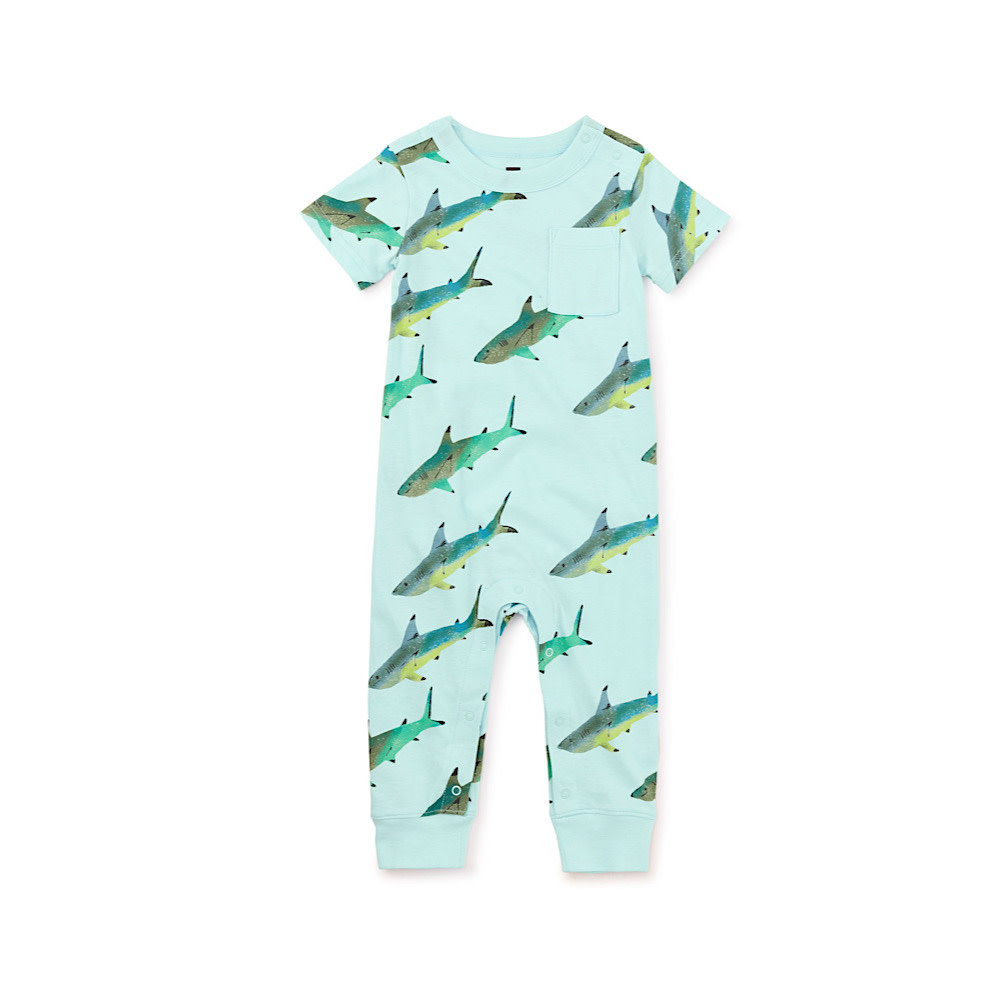 Tea Collection Pocket Baby Romper - Coastal Sharks