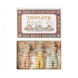 Maileg Maileg Mouse - Baby Triplet Mice in Box - Coral/Gold/Blue Striped Pajamas