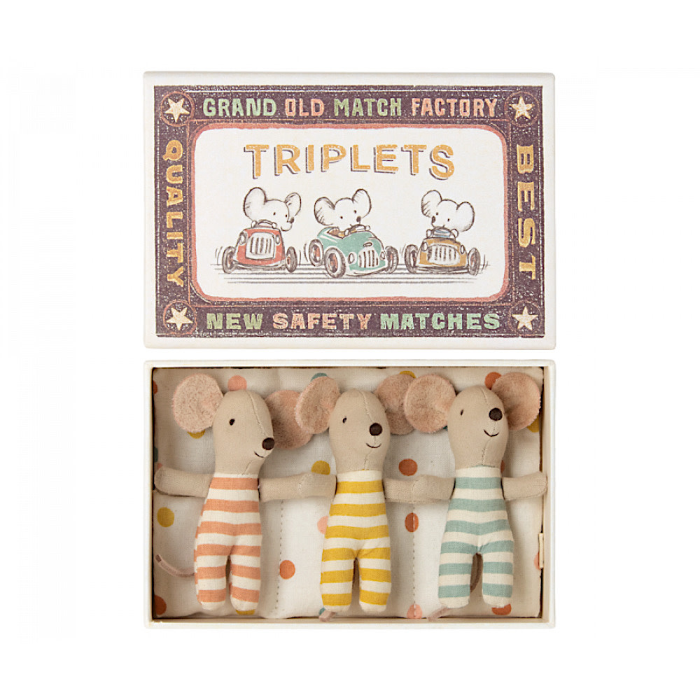 Maileg Maileg Baby Triplet Mice in Box - Coral/Gold/Blue Striped Pajamas