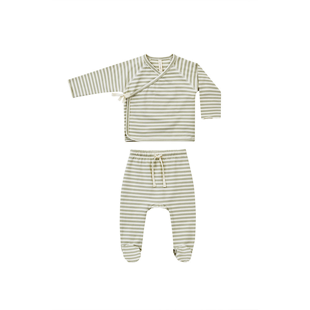 Quincy Mae Quincy Mae Wrap Top + Footed Pant Set - Sage Stripe
