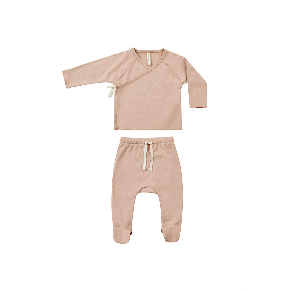 Quincy Mae Wrap Top + Footed Pant Set - Blush