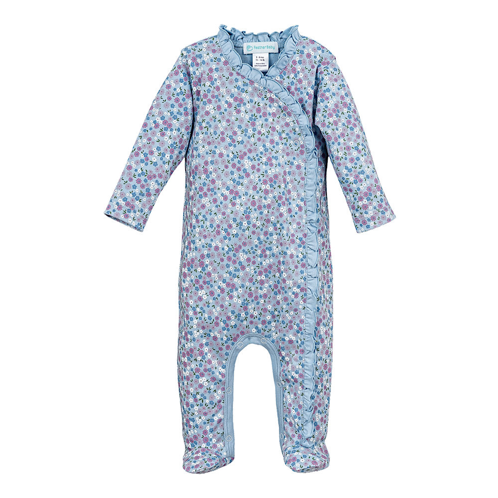 Feather Baby Ruffle Kimono Footie Romper - Liliana on Sky Blue