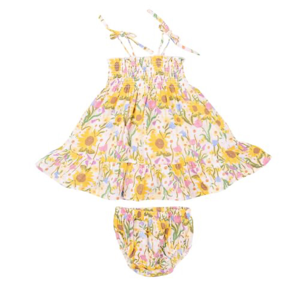 Angel Dear Tie Strap Smocked Sun Dress and Bloomers - Sunflower Dream Floral