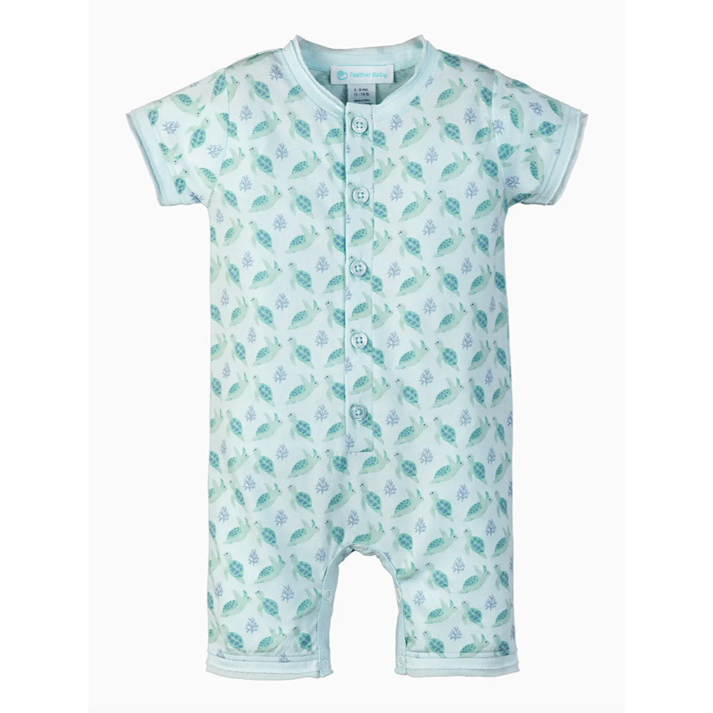 Feather Baby Feather Baby Henley Romper - Turtles On Aqua