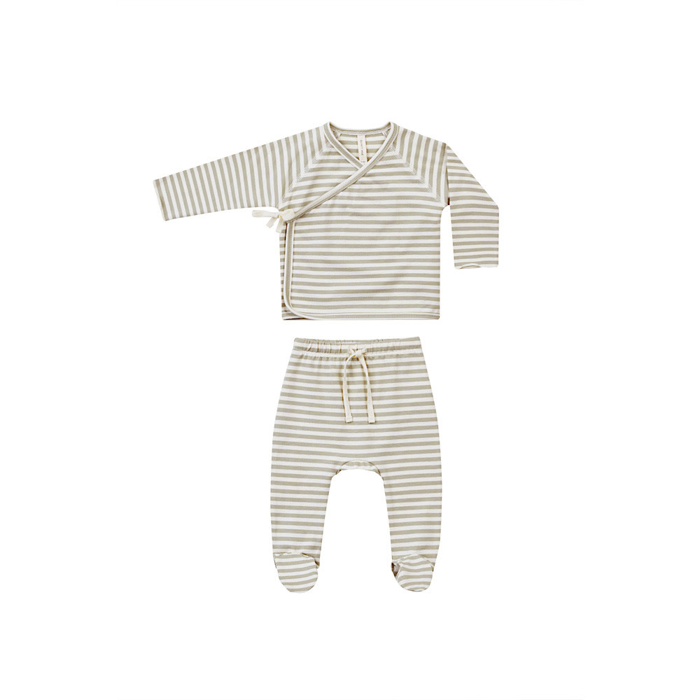 Quincy Mae Wrap Top + Footed Pant Set - Ash Stripe