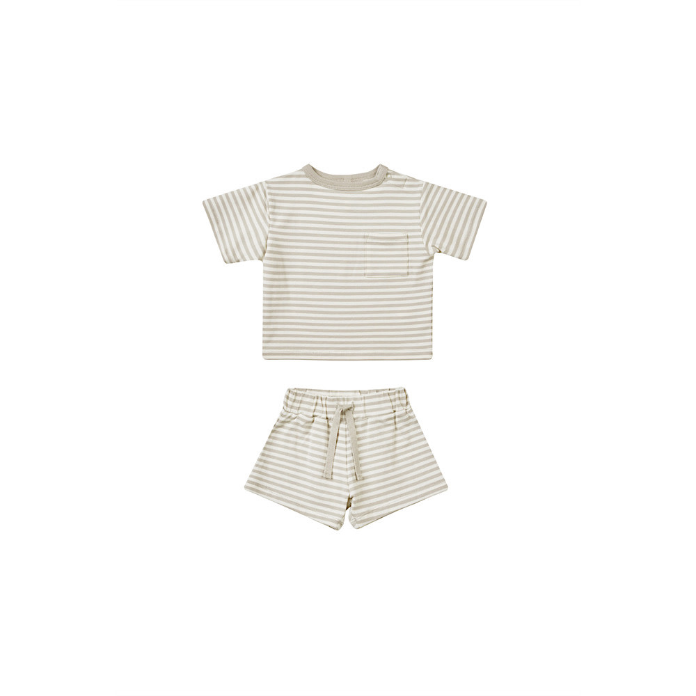 Quincy Mae Boxy Pocket Tee + Shorts Set - Ash Stripe