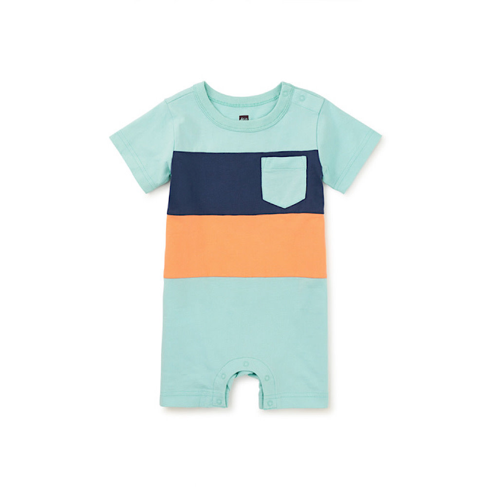 Tea Collection Pop Pocket Shortie Baby Romper - Canal Blue