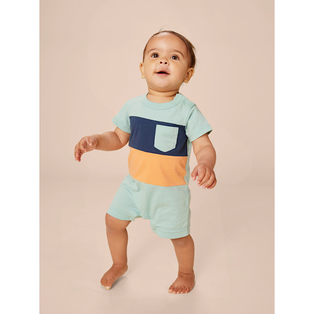 Tea Collection Pop Pocket Shortie Baby Romper - Canal Blue