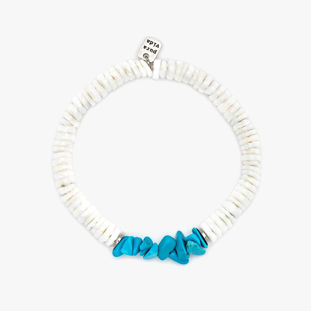 Pura Vida - Puka Shell Turquoise Chip Stretch Bracelet - White