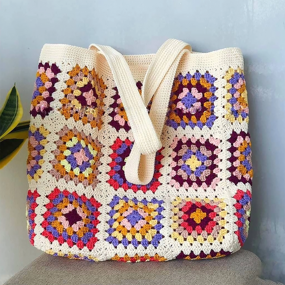 Hand-Crochet Tote Bag - Colorful Pattern