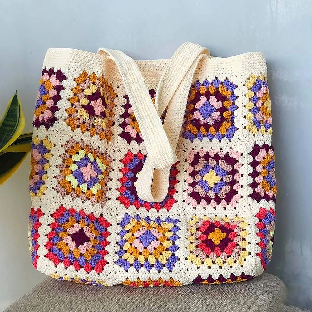 Quince Fables Hand-Crochet Tote Bag - Colorful Pattern