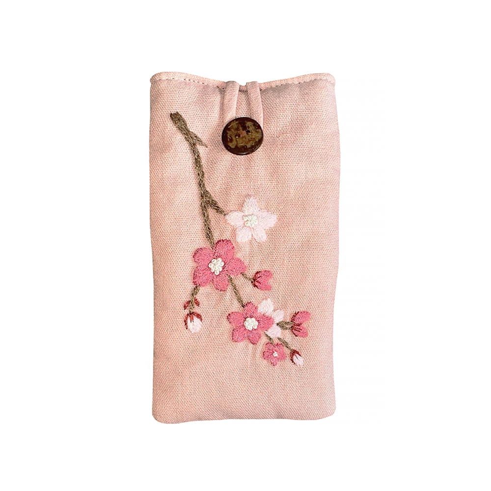 Flower Embroidered Soft Linen Padded Glasses Case - Pink/Cherry Blossom