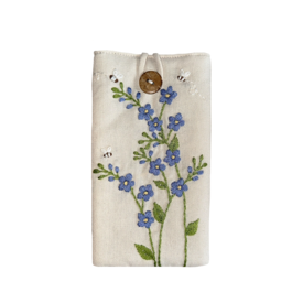 Quince Fables Flower Embroidered Soft Linen Padded Glasses Case - Ivory/Blue Flower