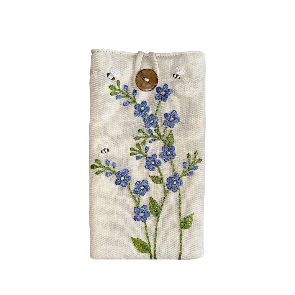 Flower Embroidered Soft Linen Padded Glasses Case - Ivory/Blue Flower
