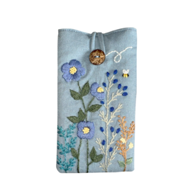 Quince Fables Flower Embroidered Soft Linen Padded Glasses Case - Blue/Flower Garden