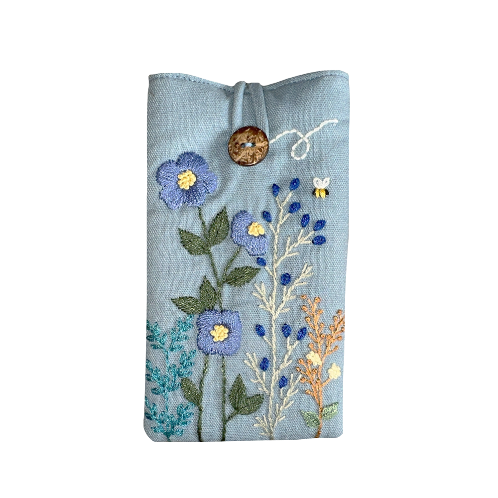 Flower Embroidered Soft Linen Padded Glasses Case - Blue/Flower Garden