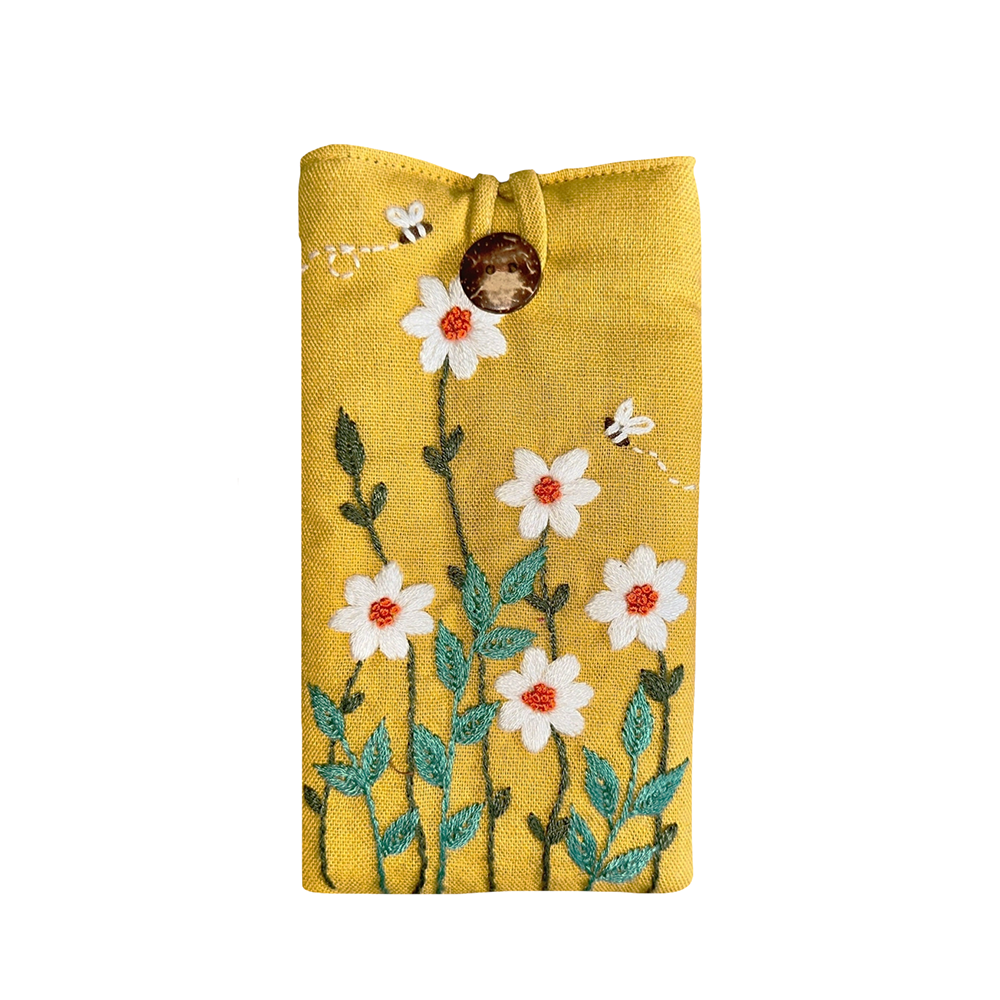 Flower Embroidered Soft Linen Padded Glasses Case - Yellow/Daisy Garden