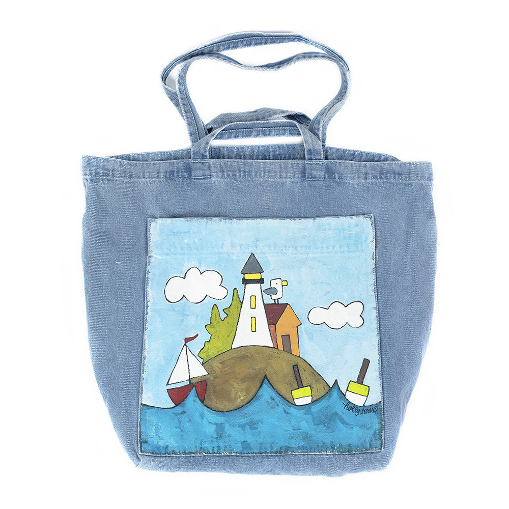 Holly Ross - Hand Painted Giant Denim Tote - Kennebunkport Lighthouse