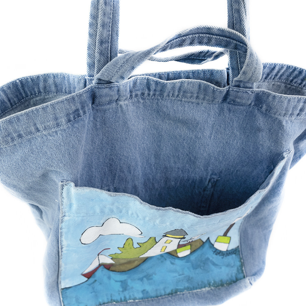 Holly Ross - Hand Painted Giant Denim Tote - Kennebunkport Lighthouse