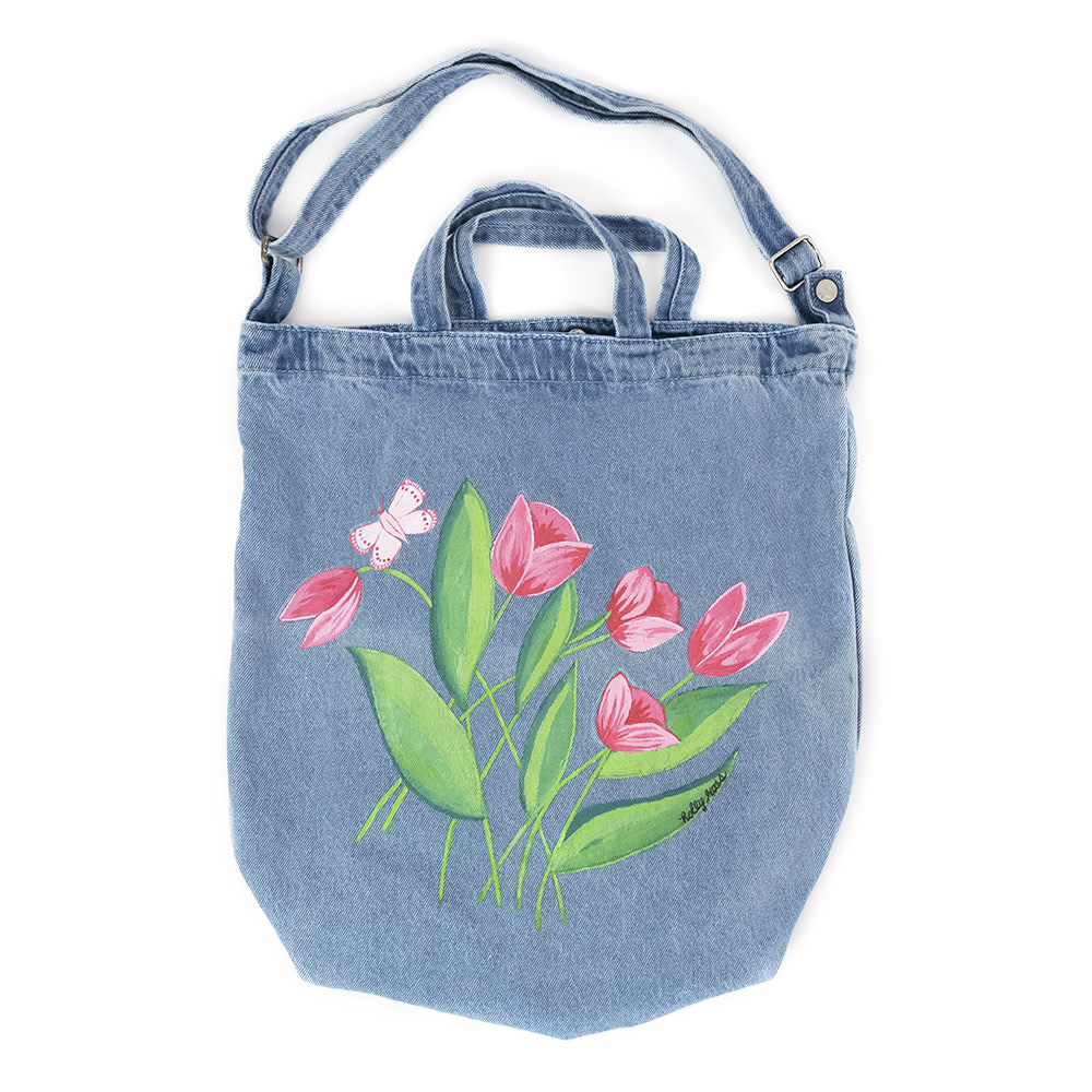 Holly Ross - Hand Painted Denim Duck Bag - Pink Tulips