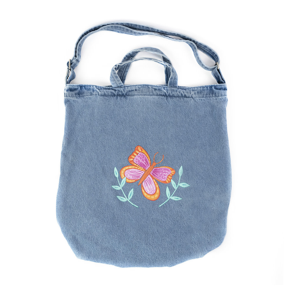 Holly Ross - Hand Painted Denim Duck Bag - Pink Butterfly Floral