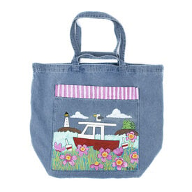Holly Ross Holly Ross - Hand Painted Giant Denim Tote - Kennebunkport Lobster Boat