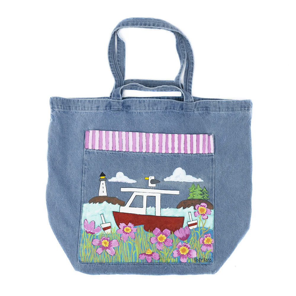 Holly Ross - Hand Painted Giant Denim Tote - Kennebunkport Lobster Boat