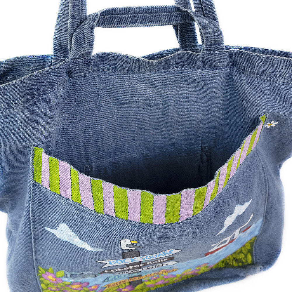 Holly Ross - Hand Painted Giant Denim Tote - Kennebunkport Coastal Signage