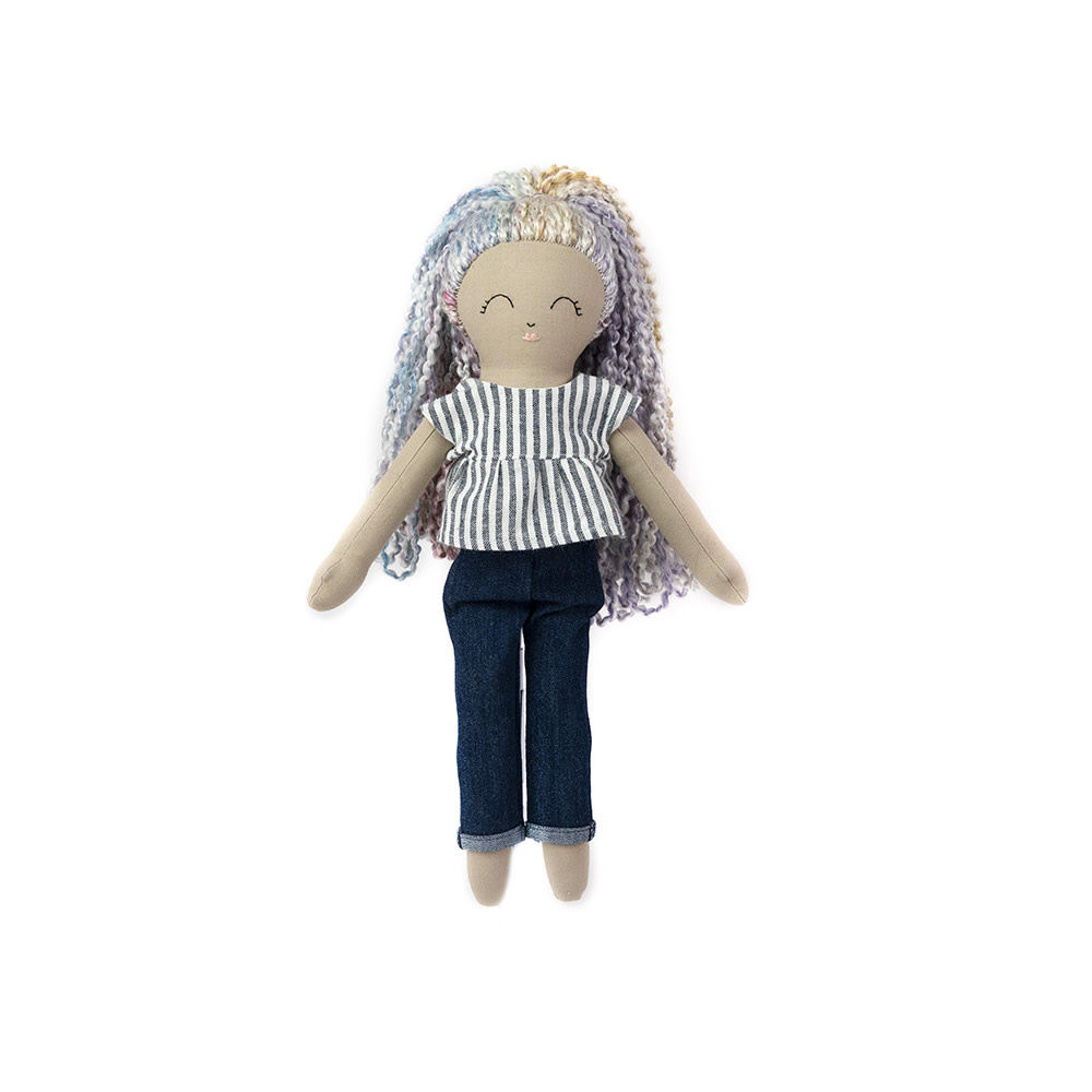 The Linnea Co. Rose Doll Rainbow Hair - Jeans and Pinstripe Top