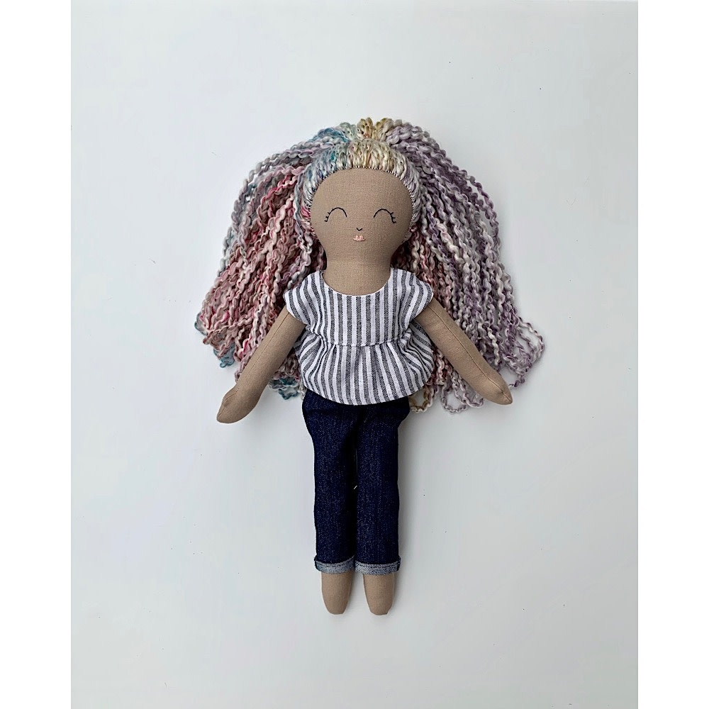 The Linnea Co. Rose Doll Rainbow Hair - Jeans and Pinstripe Top
