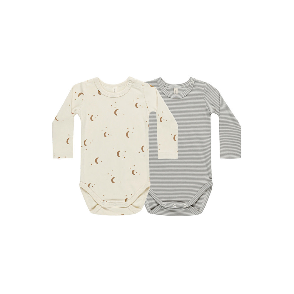 Quincy Mae Quincy Mae Jersey Bodysuit (2 Pack) - Moons/Blue Micro Stripe
