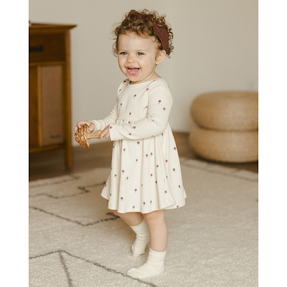 Quincy Mae Ribbed Long Sleeve Dress - Mushrooms