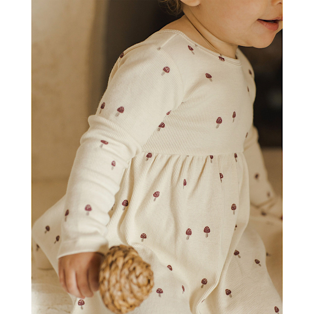 Quincy Mae Ribbed Long Sleeve Dress - Mushrooms