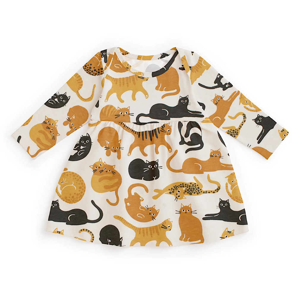 Winter Water Factory Winter Water Factory Lausanne Baby Dress - Cat Friends Gold & Yellow