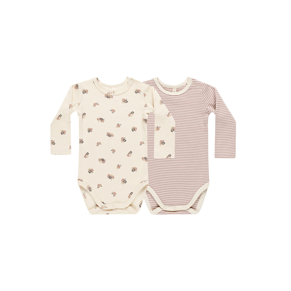 Quincy Mae Ribbed Bodysuit (2 Pack) - Wild Flowers/Mauve Stripe