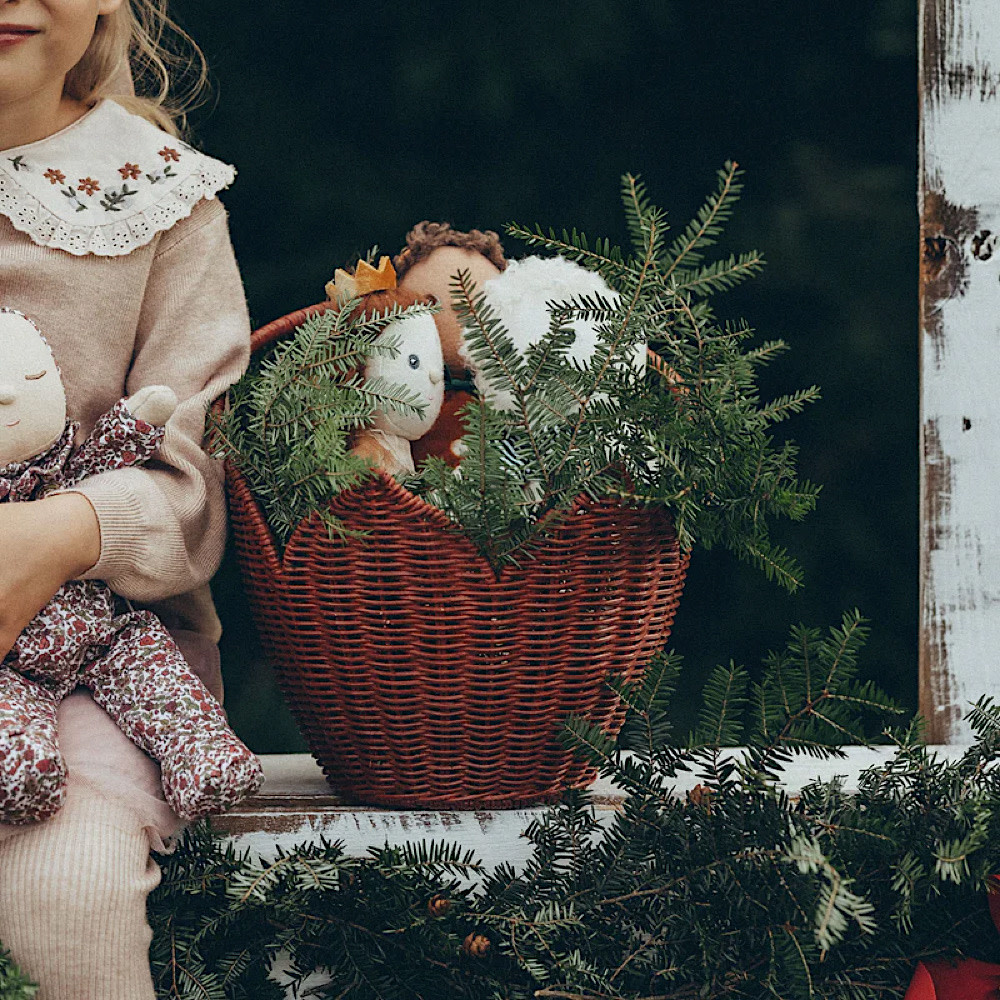 Olli Ella Rattan Poinsettia Carry Basket - Red