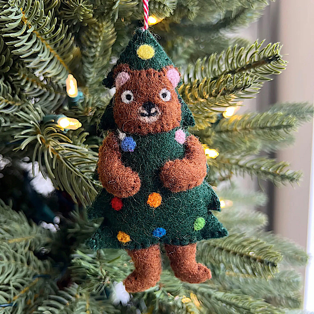 Bear in Christmas Tree Felt Wool Ornament