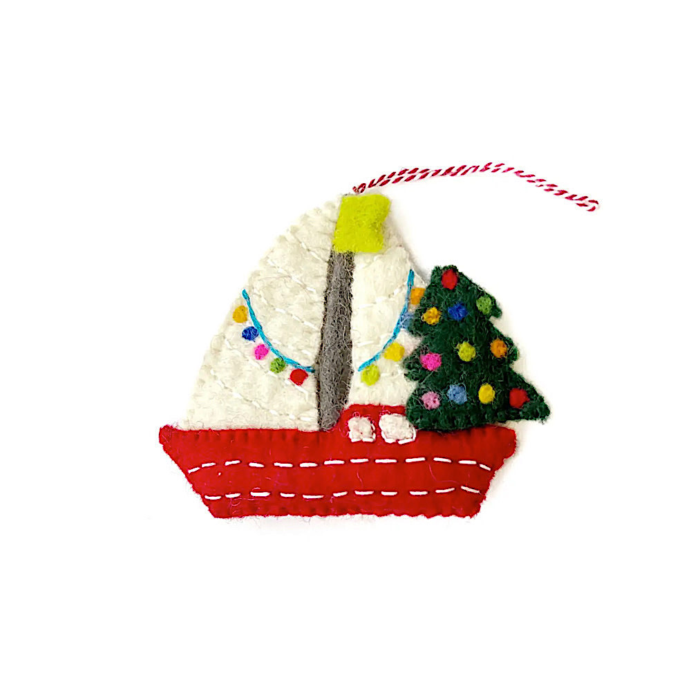 Sailboat with Tree Felt Wool Ornament