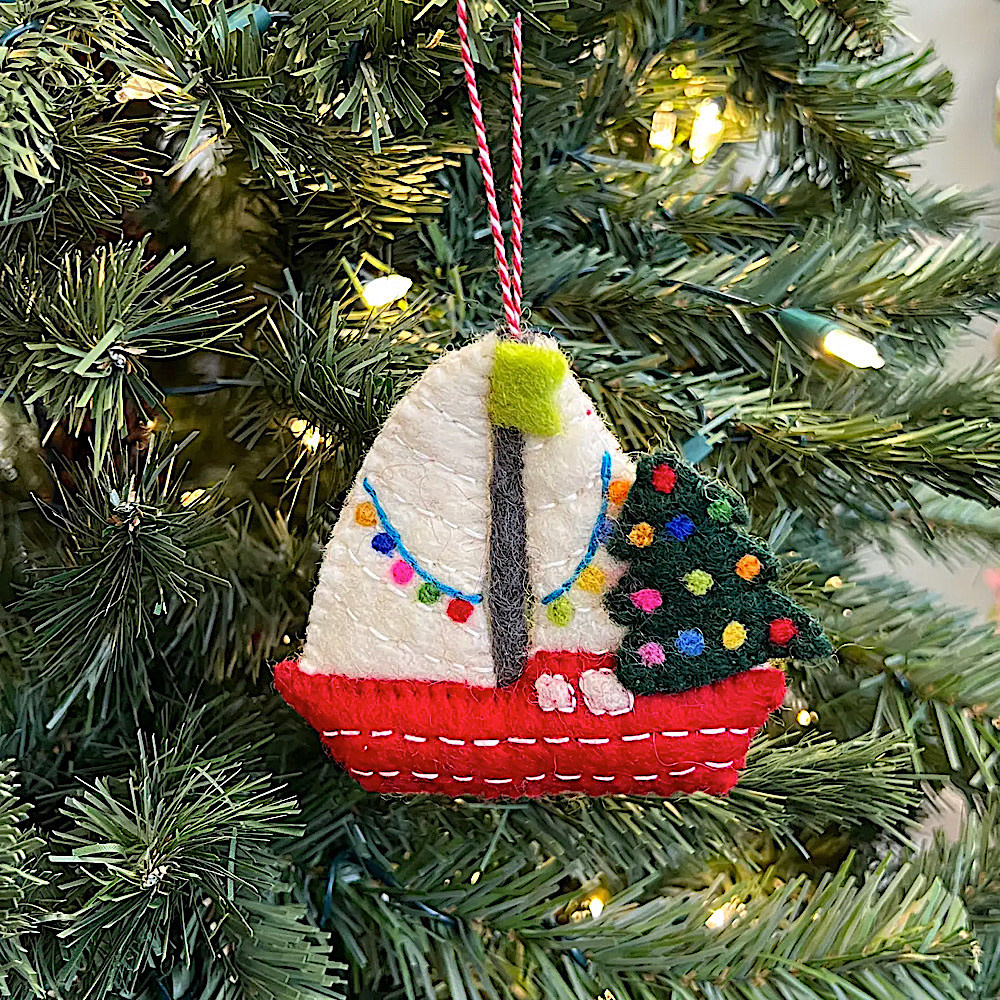 Sailboat with Tree Felt Wool Ornament