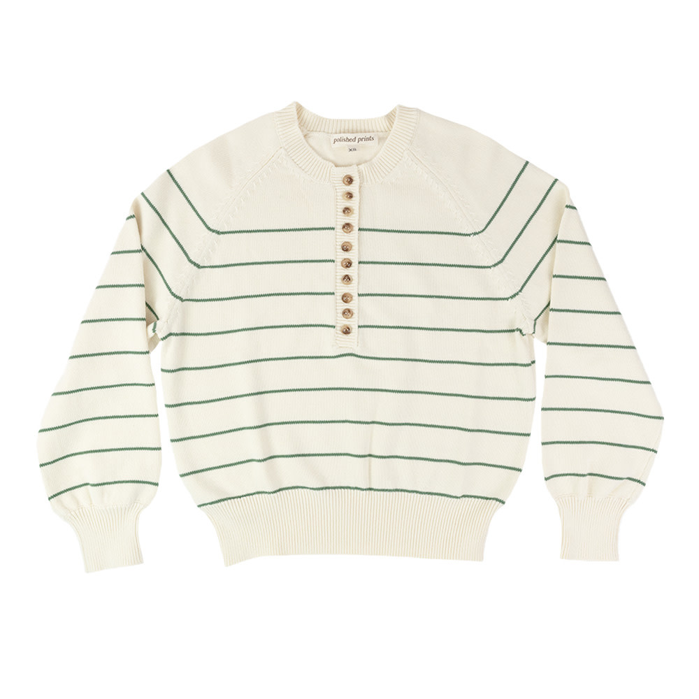 Polished Prints Womens Striped Henley Sweater - Green Stripe