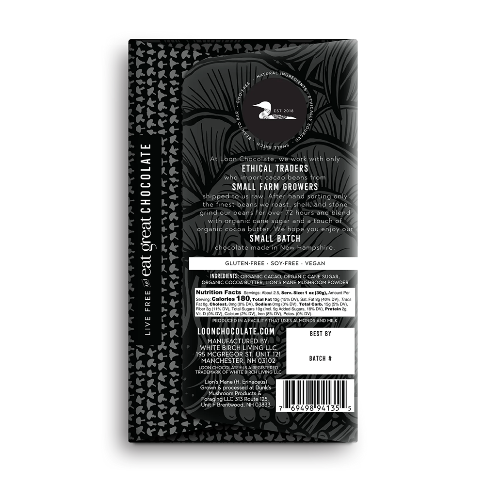 Loon Chocolate - Lion's Mane Powder Dark Chocolate Bar