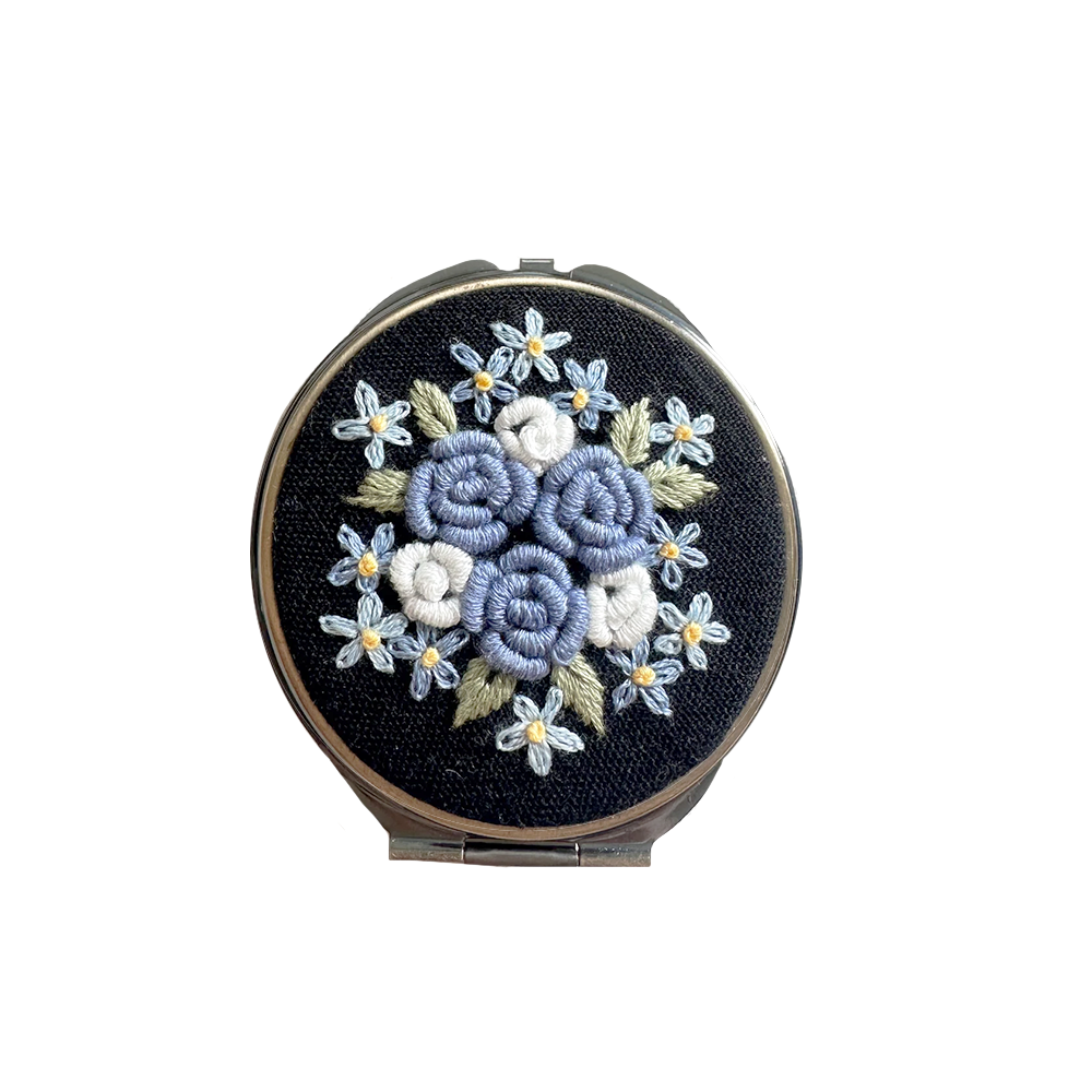 Quince Fables Embroidered Round Jewelry Box - Blue Roses