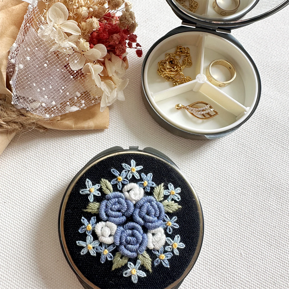 Quince Fables Embroidered Round Jewelry Box - Blue Roses