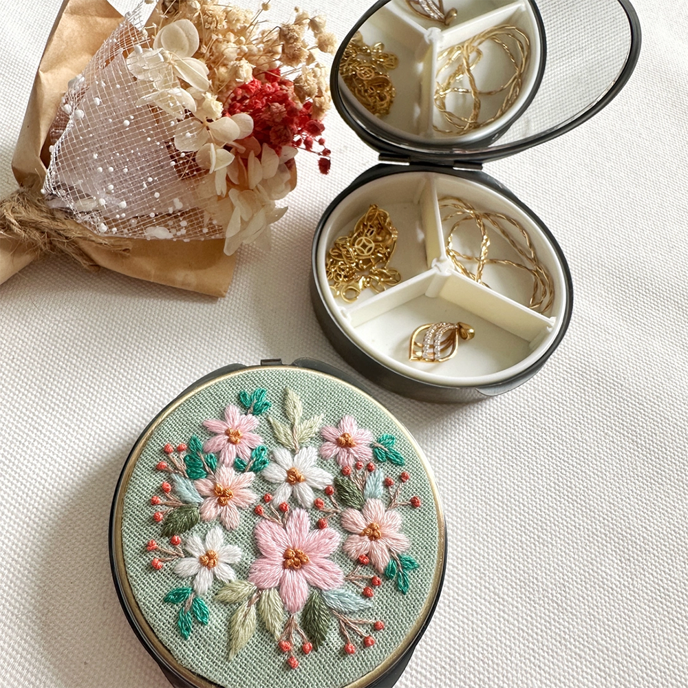 Quince Fables Embroidered Round Jewelry Box - Full Flowers