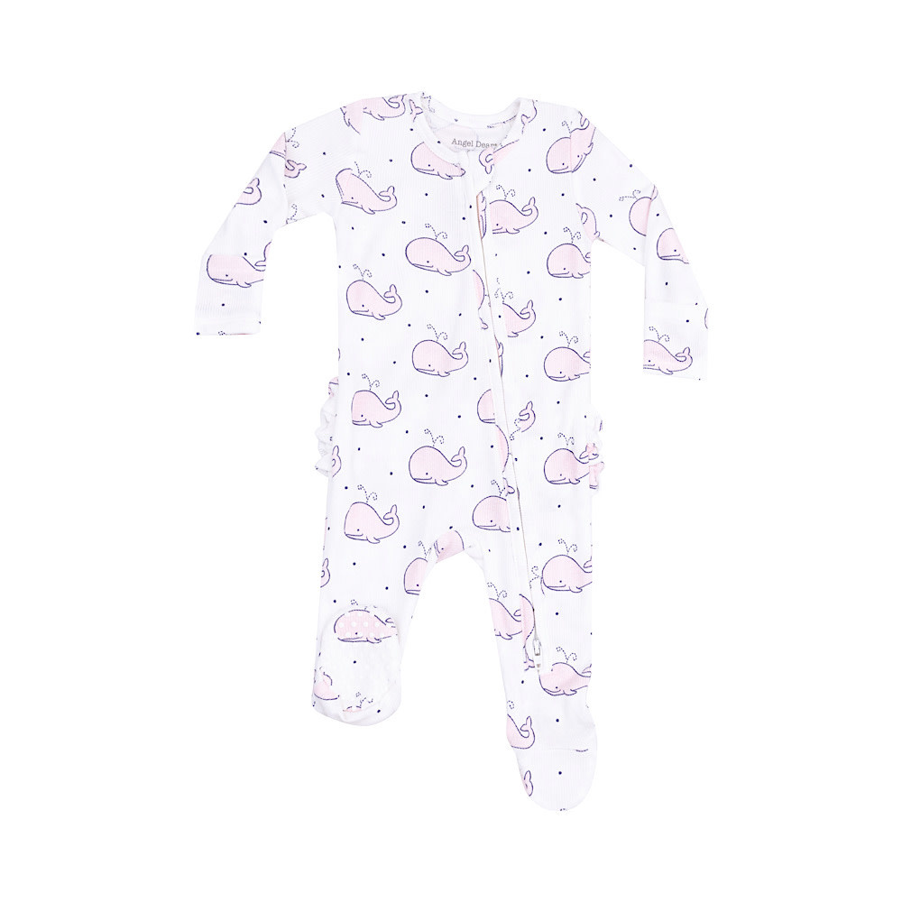 Angel Dear Ribbed 2 Way Zipper Ruffle Back Footie - Pink Bubbly Whale