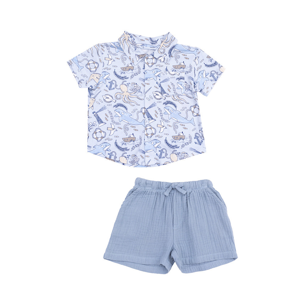 Angel Dear Angel Dear Button Down Bamboo Polo and Muslin Short Set - Nautical Notebook