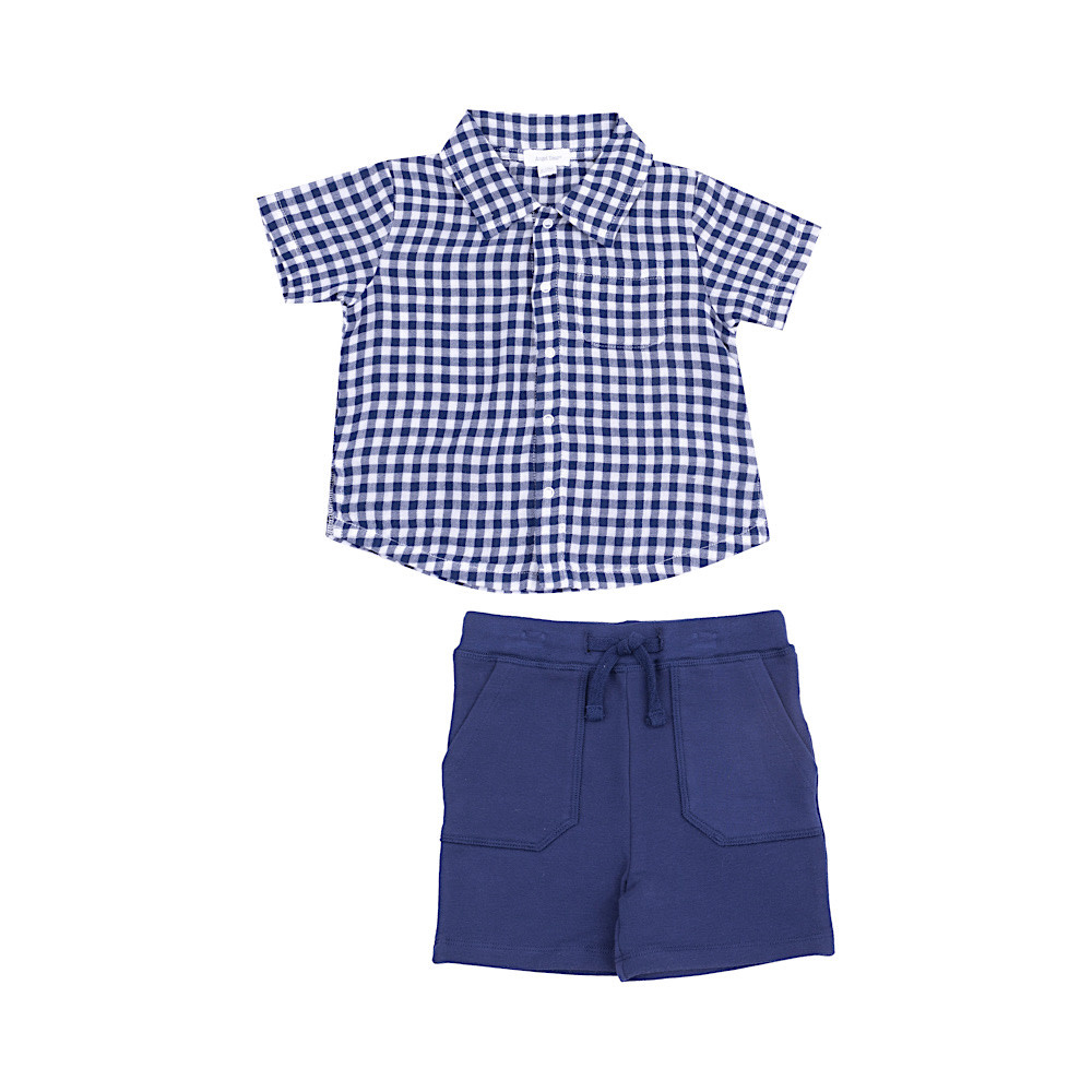 Angel Dear Button Down Muslin Polo with French Terry Short - Navy Gingham