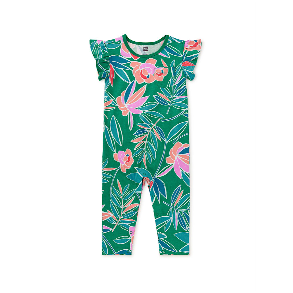 Tea Collection Ruffle Sleeve Pocket Romper - Tropical Gardenias