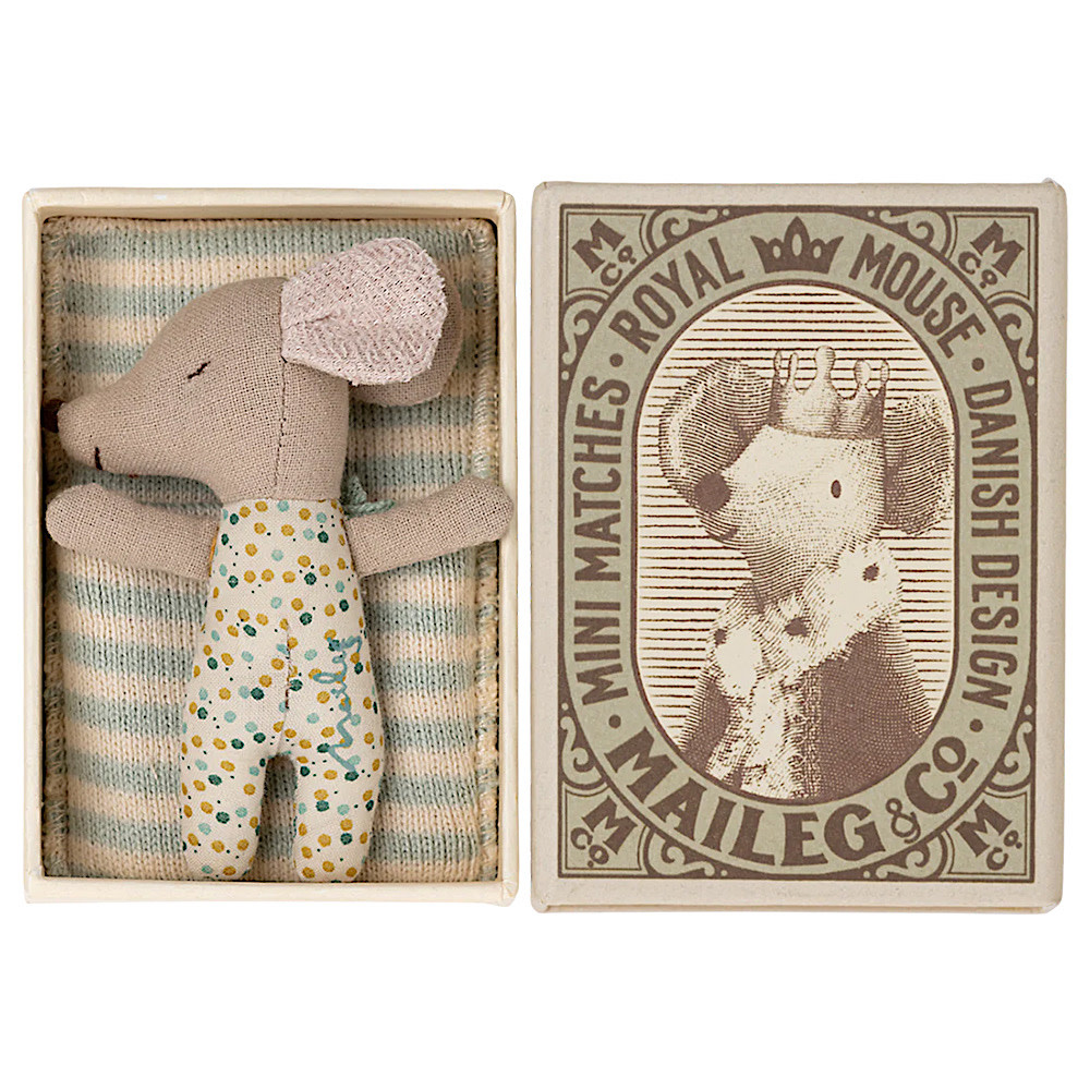 Maileg Sleepy Wakey Baby Boy Mouse - Matchbox- Blue Polka Dots