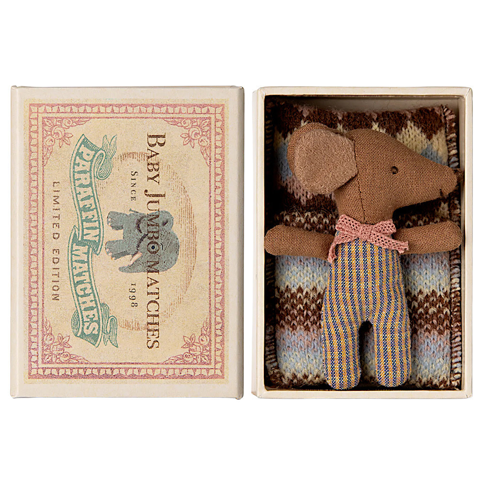 Maileg Sleepy Wakey Baby Girl Mouse - Matchbox - Rose Plaid
